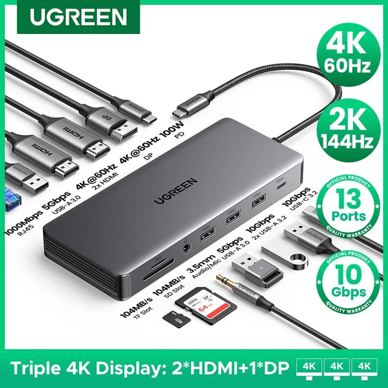 Docking station UGREEN USB-C 13-in-1 con HDMI, DisplayPort e lettore SD