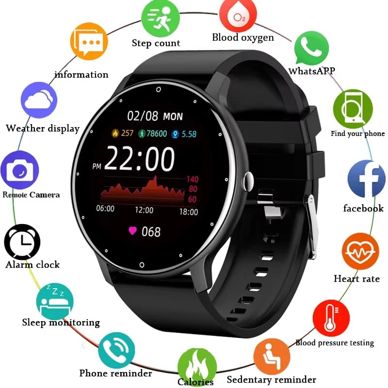 Smartwatch LIGE nero con schermo che mostra dati di fitness e icone social