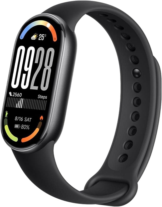 Xiaomi Smart Band 10 nera con display AMOLED acceso che mostra ora, passi e batteria