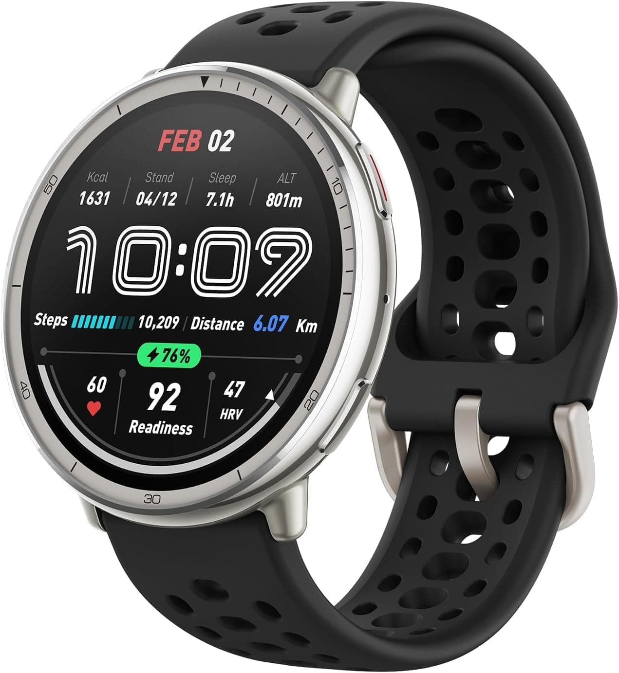 Amazfit Active 2 smartwatch nero cinturino in silicone vista frontale con display acceso