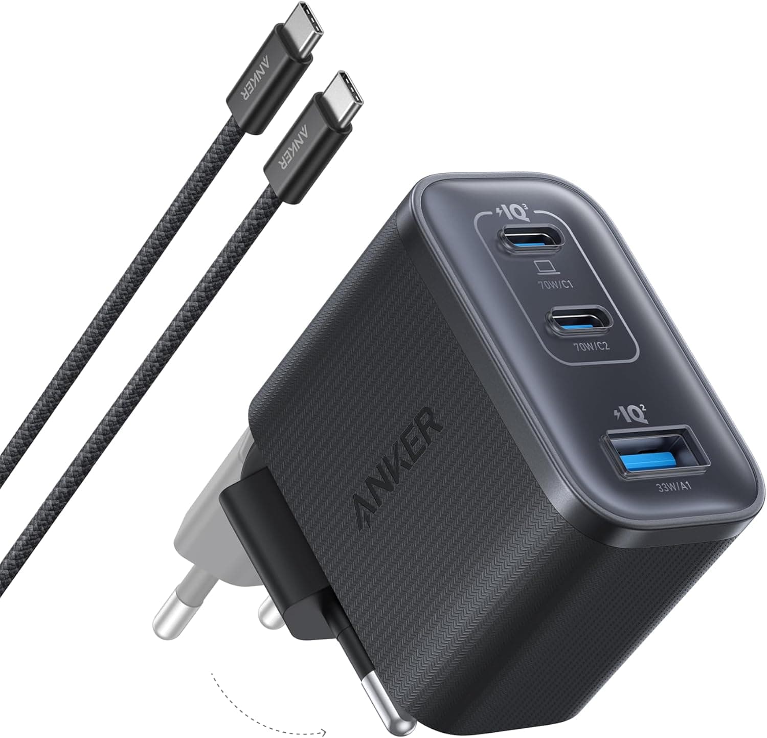 Anker Nano caricatore GaN 70W nero tre porte USB spina EU su sfondo bianco