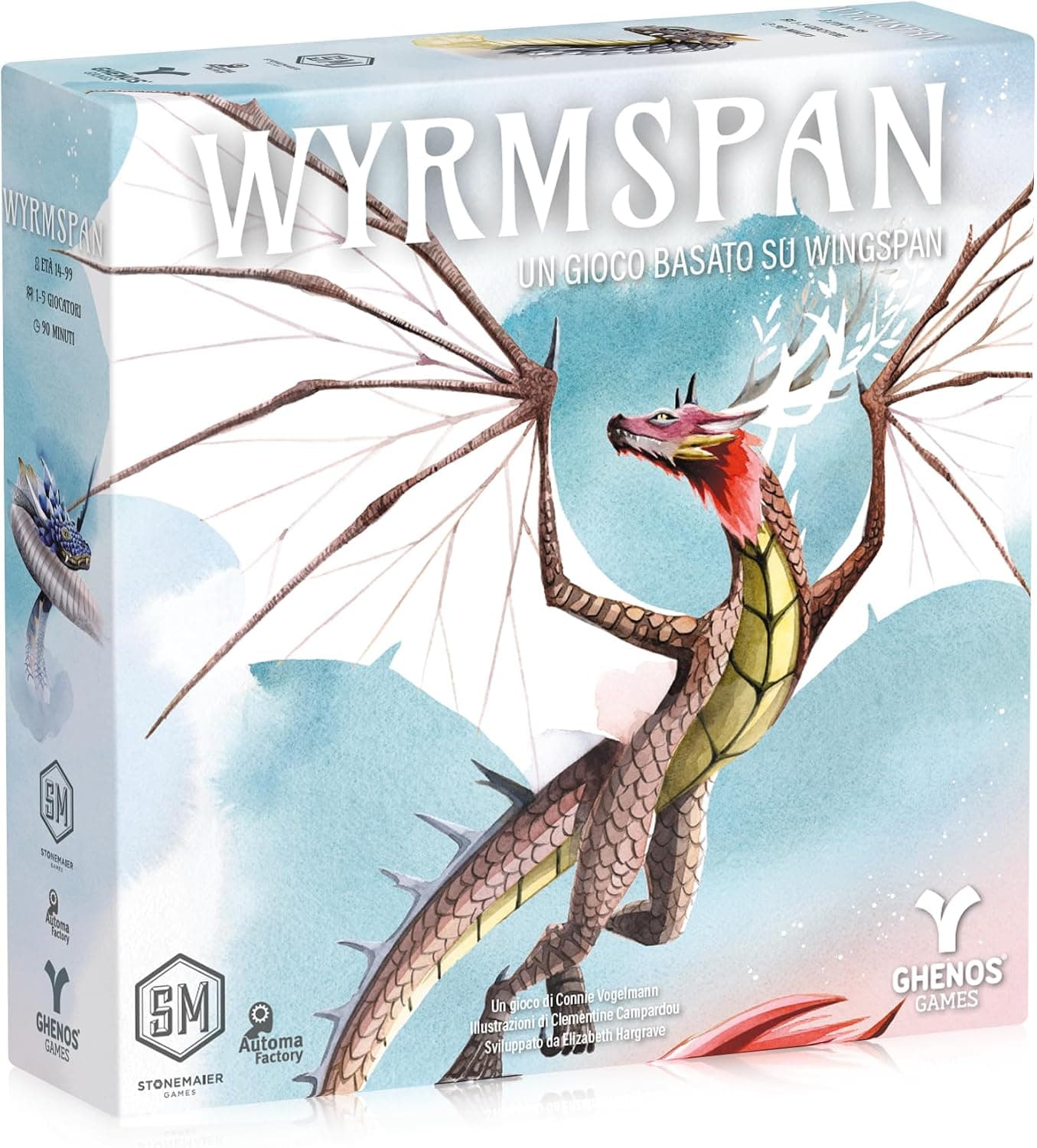 Scatola del gioco da tavolo Wyrmspan edizione italiana Ghenos Games con draghi