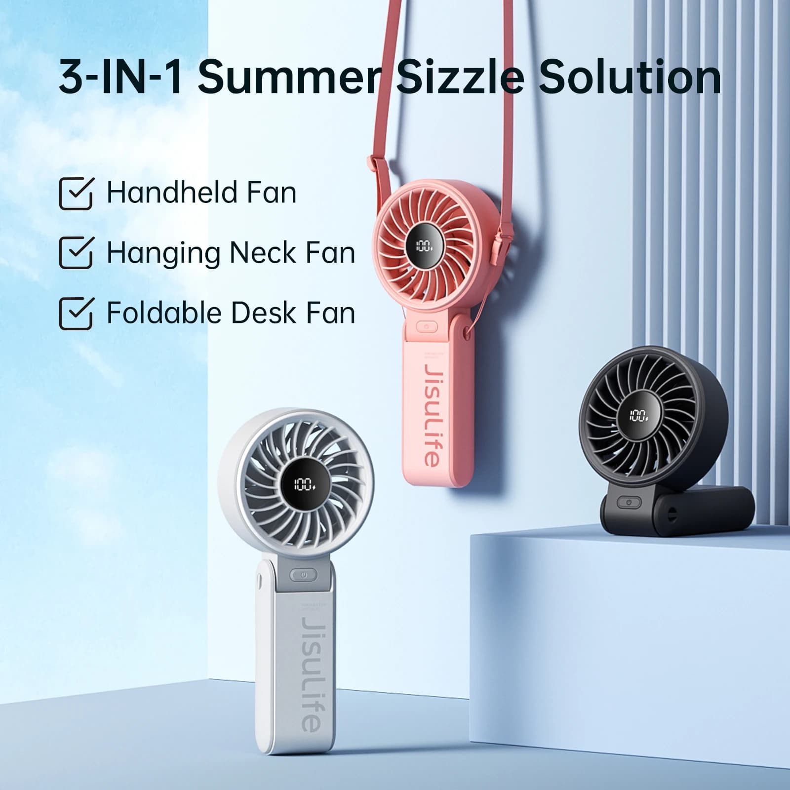 Ventilatore portatile JISULIFE 3-in-1 pieghevole con display LED, negozio ufficiale