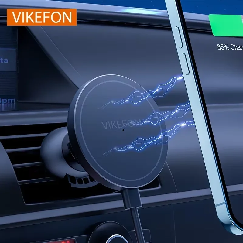 Caricatore wireless magnetico VIKEFON montato su bocchetta d'aria auto con smartphone in carica