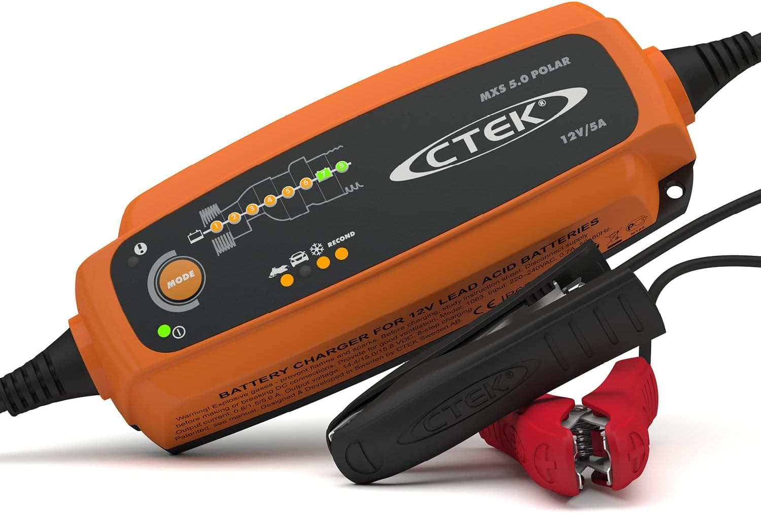 Caricabatterie CTEK MXS 5.0 Polar 12V 5A con involucro arancione e cavi