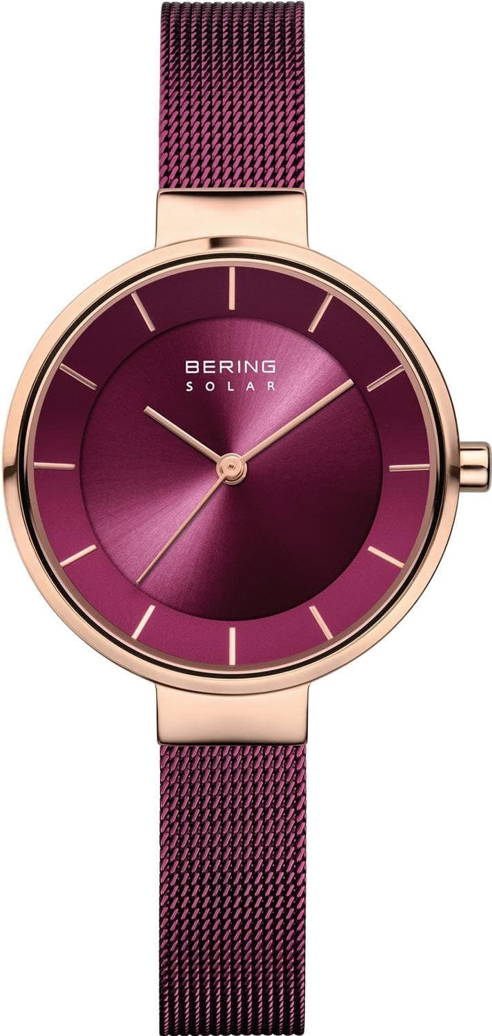 Orologio donna Bering Solar 14631-969 con quadrante viola, cassa oro rosa e cinturino a maglia milanese viola