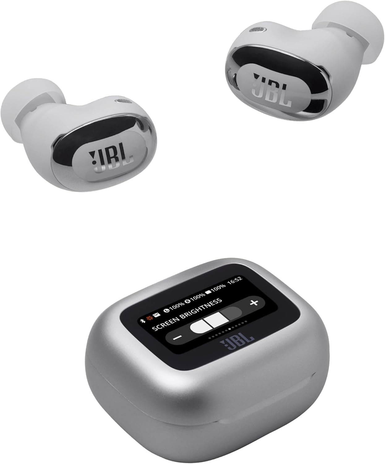 Auricolari JBL Live Buds 3 argento con custodia di ricarica smart con display
