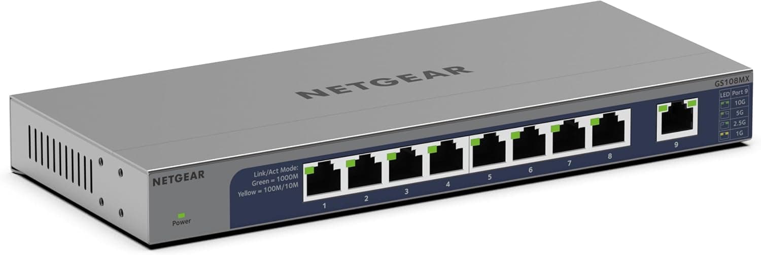 Switch di rete NETGEAR GS108MX in metallo grigio con 8 porte Ethernet