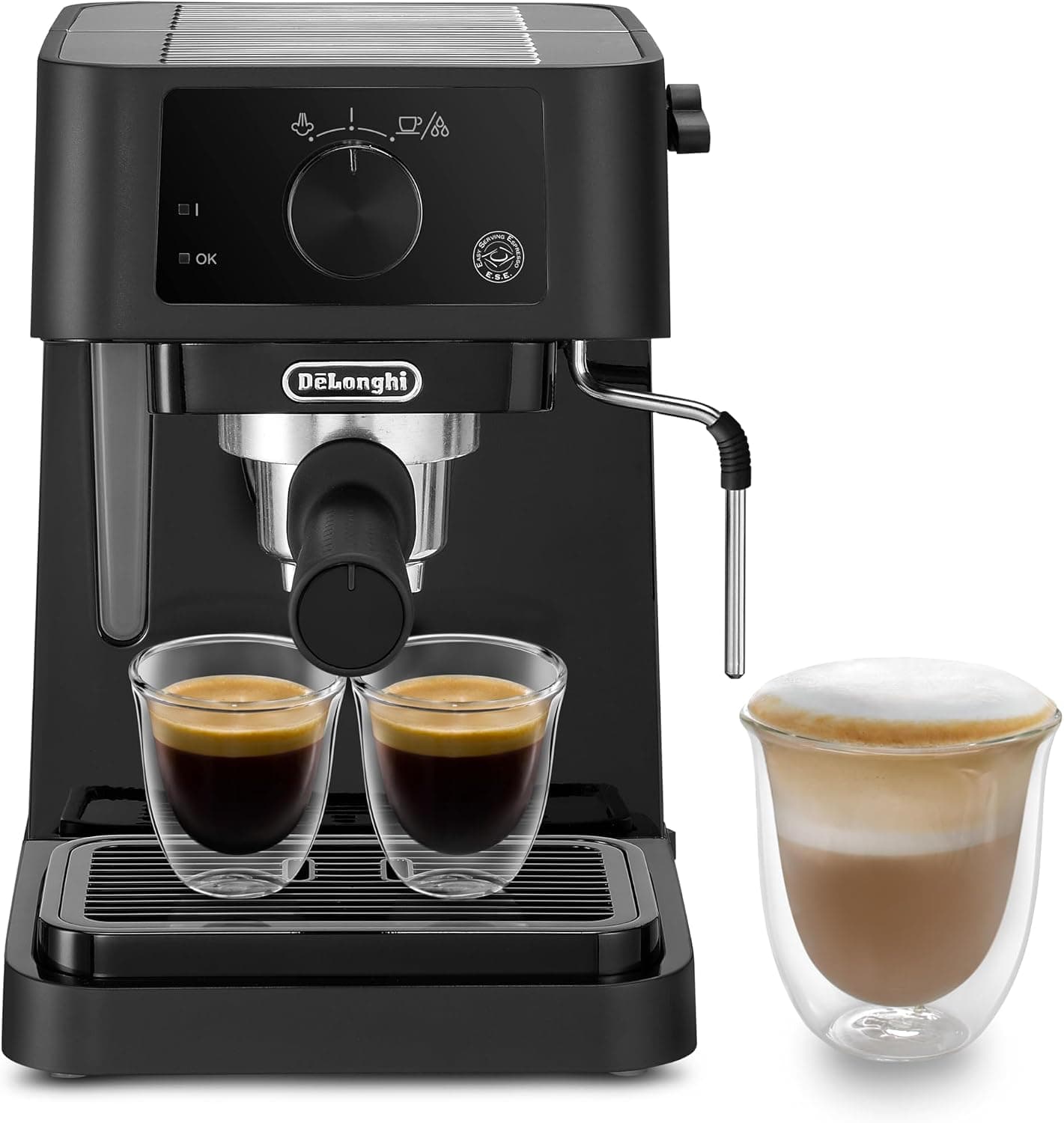 Macchina espresso De'Longhi Stilosa nera con due tazzine di caffè e un cappuccino