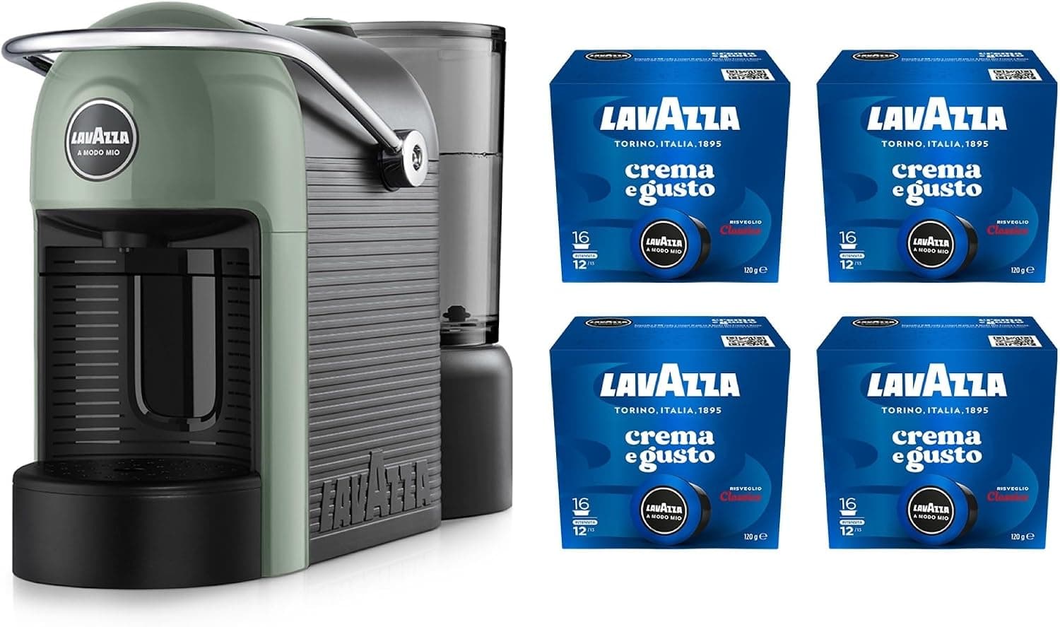 Macchina Lavazza Jolie Evo verde salvia con quattro confezioni di capsule Crema e Gusto