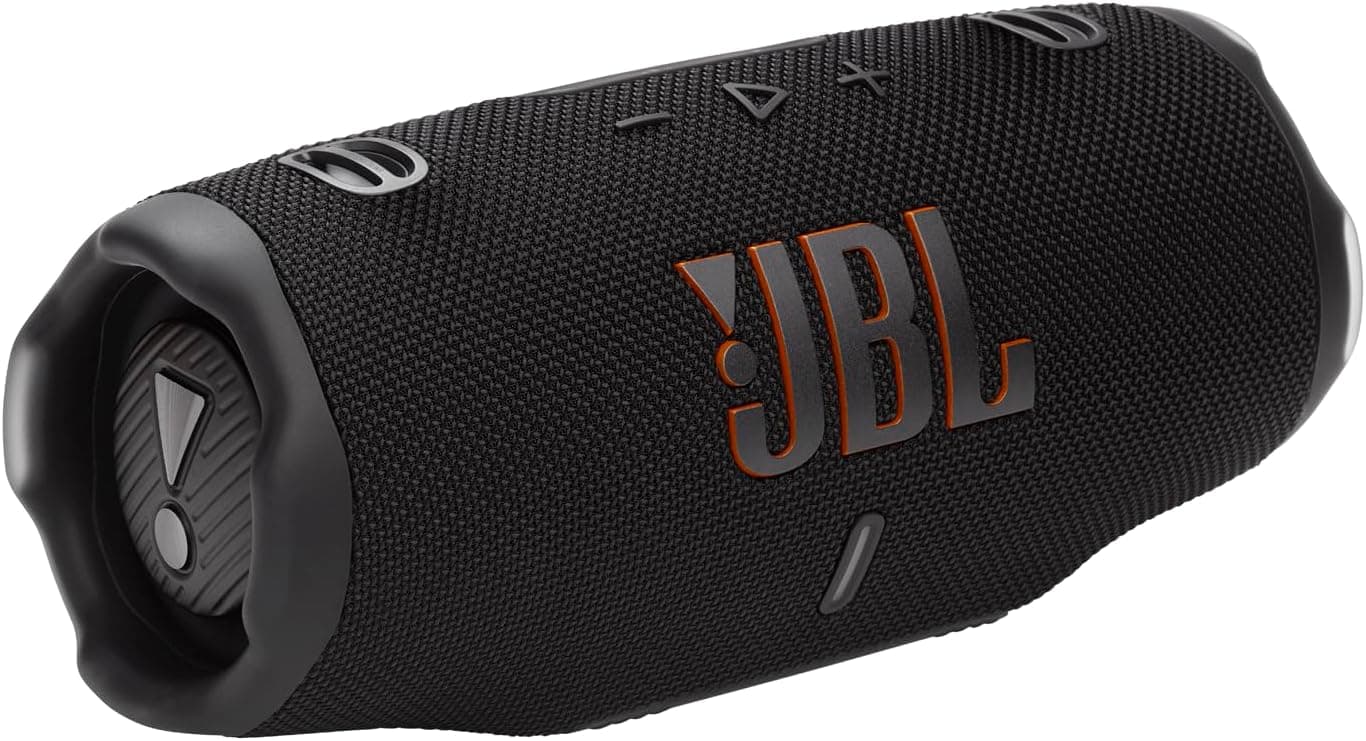 Altoparlante Bluetooth JBL Charge 6 nero con griglia in tessuto e logo JBL