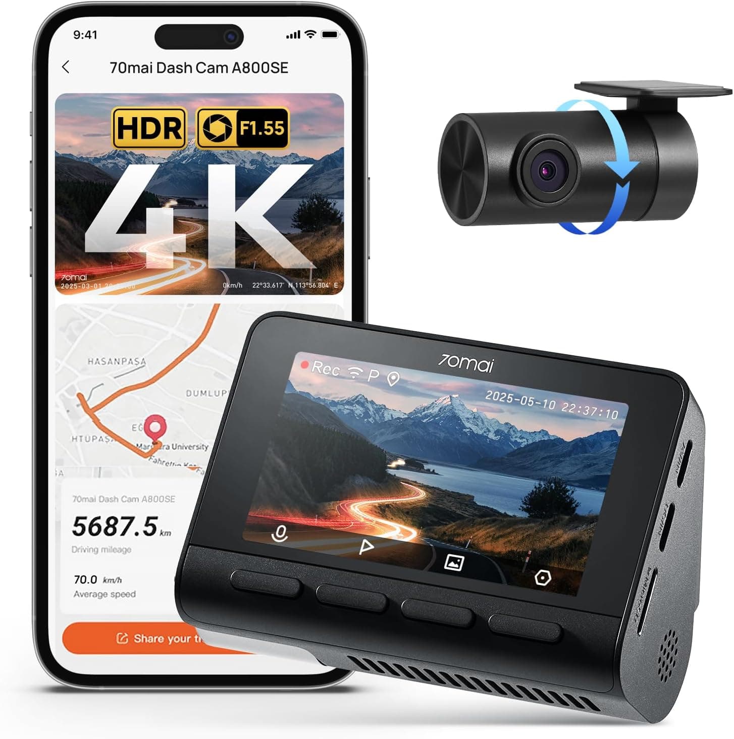 70mai A800SE dashcam 4K HDR con telecamera anteriore e posteriore, confezione e accessori