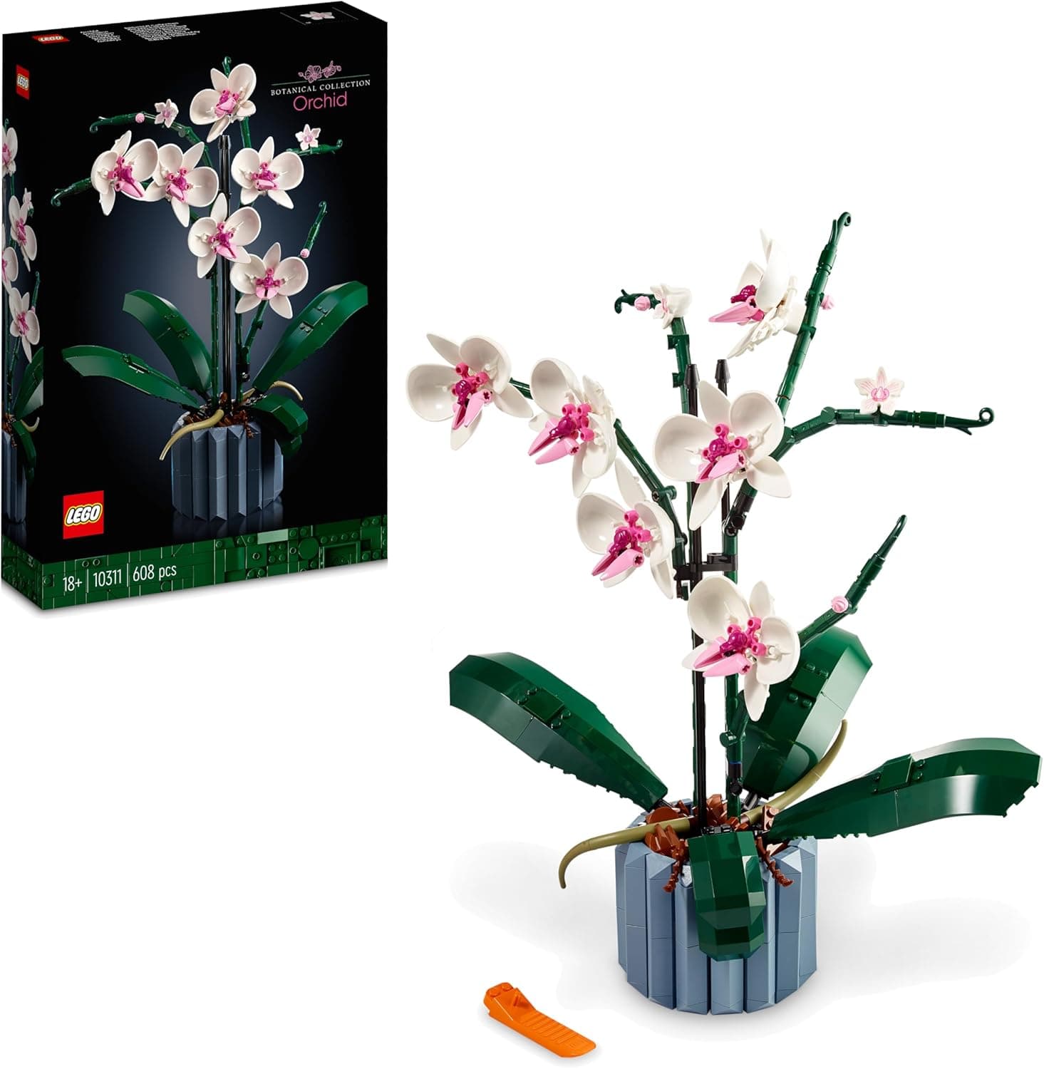 Set LEGO Botanicals Orchidea 10311: scatola e modello assemblato con fiori bianchi e rosa nel vaso blu