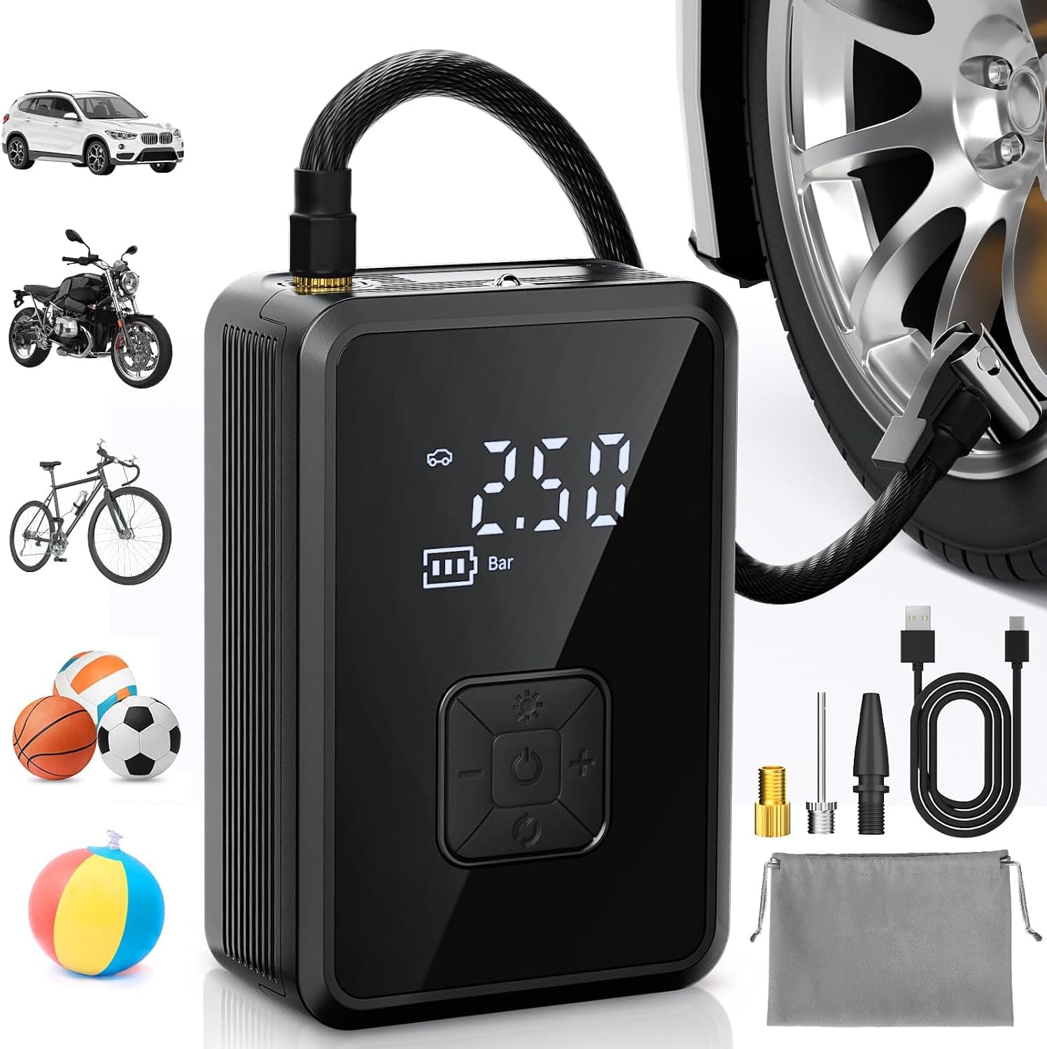 Compressore d'aria portatile Oasser Mini nero con display LCD, tubo, ugelli e cavo USB-C
