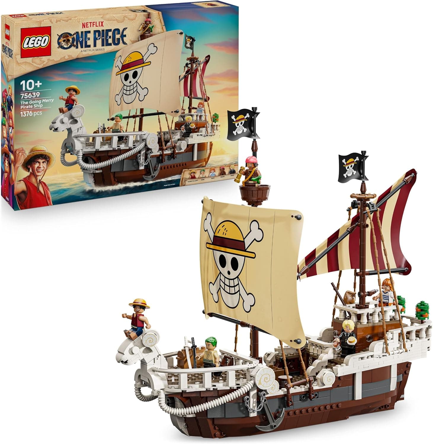Set LEGO One Piece Going Merry 75639 assemblato, con minifigure Luffy, Zoro, Nami, Usopp e Sanji in primo piano