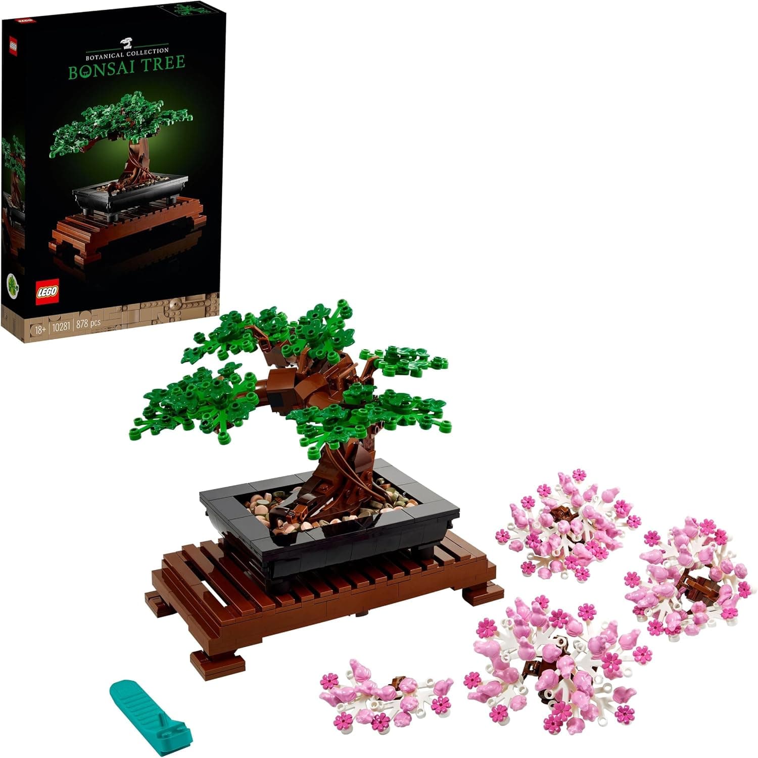 Set LEGO Botanicals Albero Bonsai 10281: scatola, albero verde assemblato e corone rosa ciliegio intercambiabili