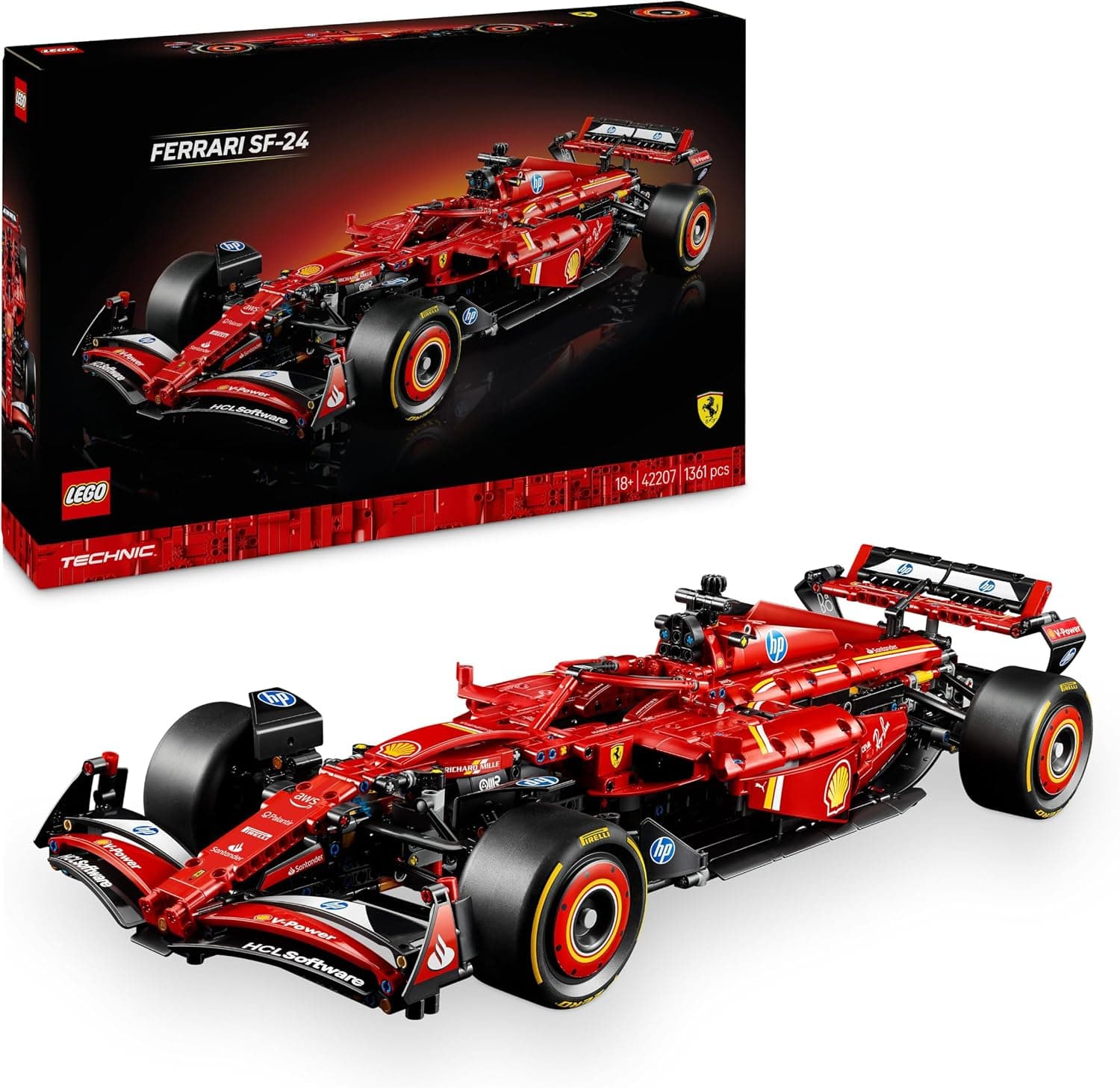 Set LEGO Technic Ferrari SF-24 con scatola e modello rosso assemblato in scala 1:8