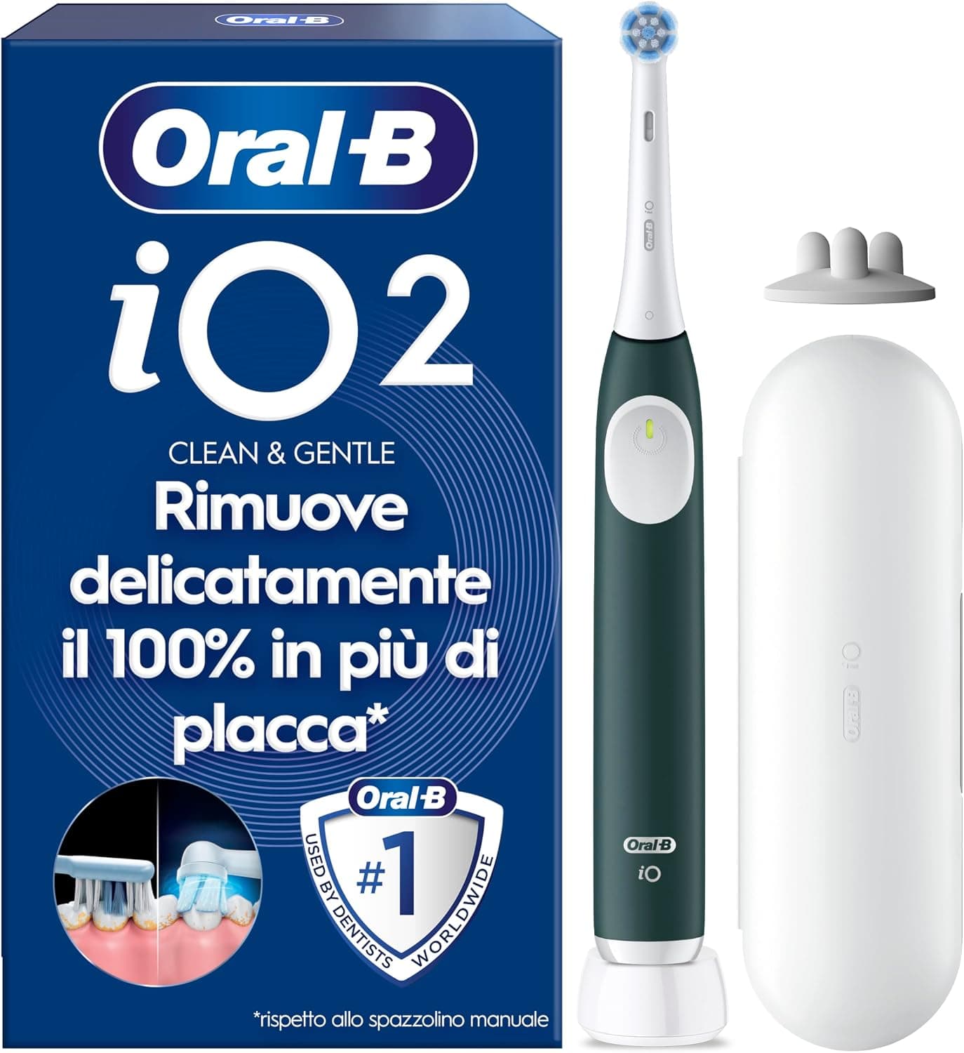 Spazzolino elettrico Oral-B iO 2 verde scuro con testina, base e custodia da viaggio bianca