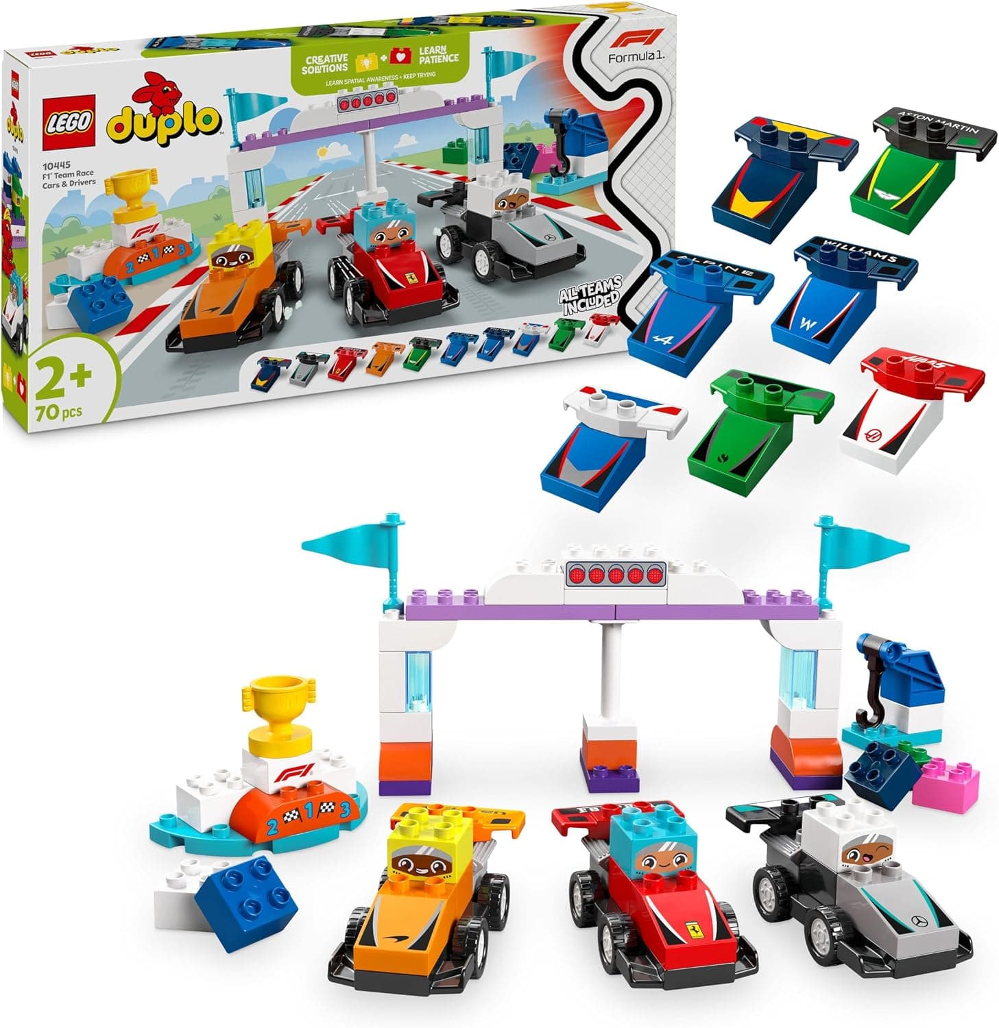 Set LEGO DUPLO 10445 Auto da corsa e piloti Team F1 con monoposto, gru e podio