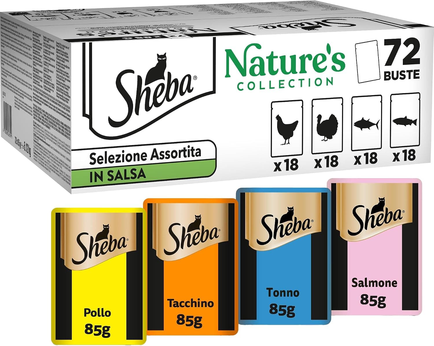 Confezione multipla Sheba Nature's Collection in salsa, 72 bustine assortite da 85g