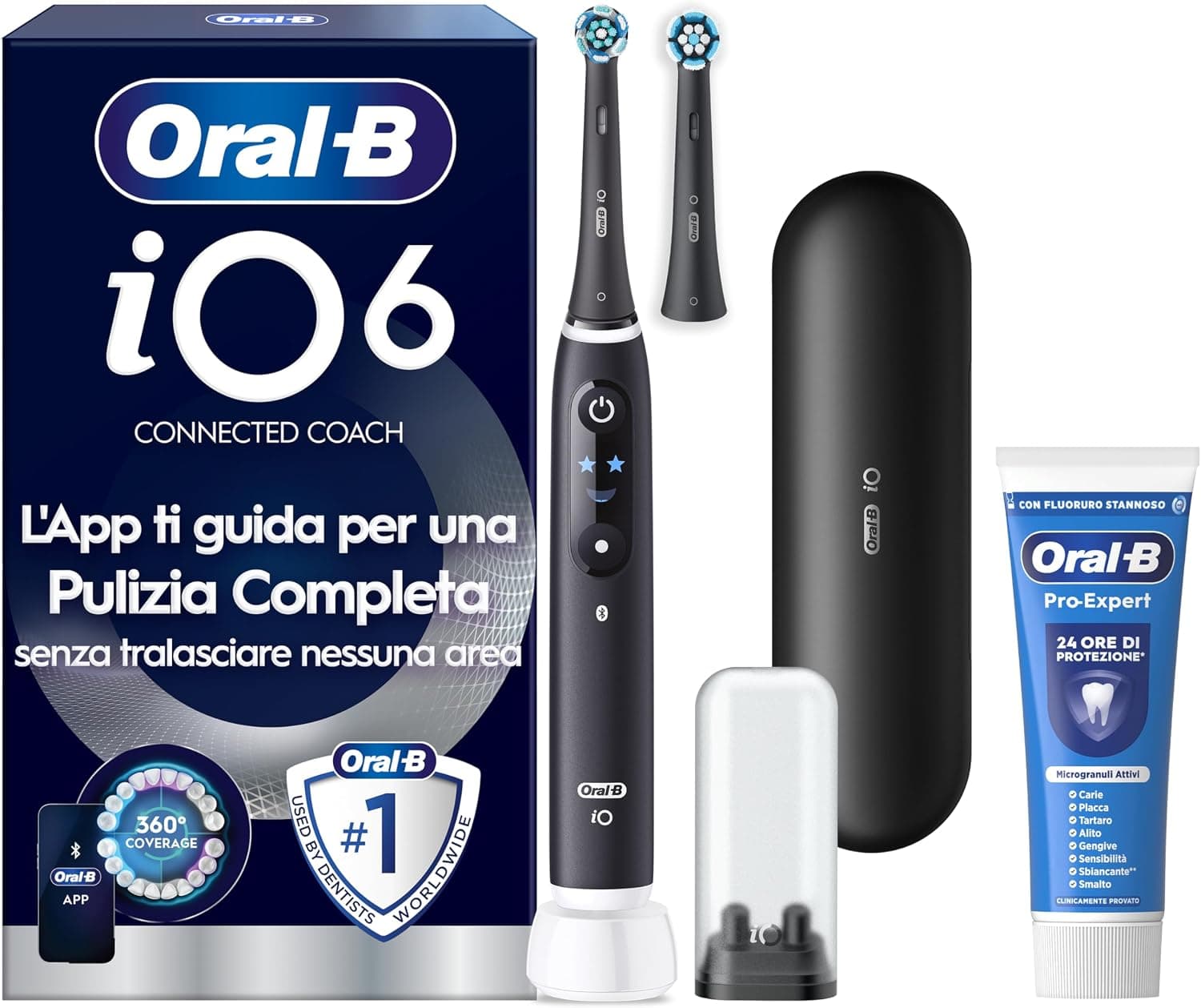 Spazzolino elettrico Oral-B iO 6 nero con due testine, base, custodia da viaggio e confezione