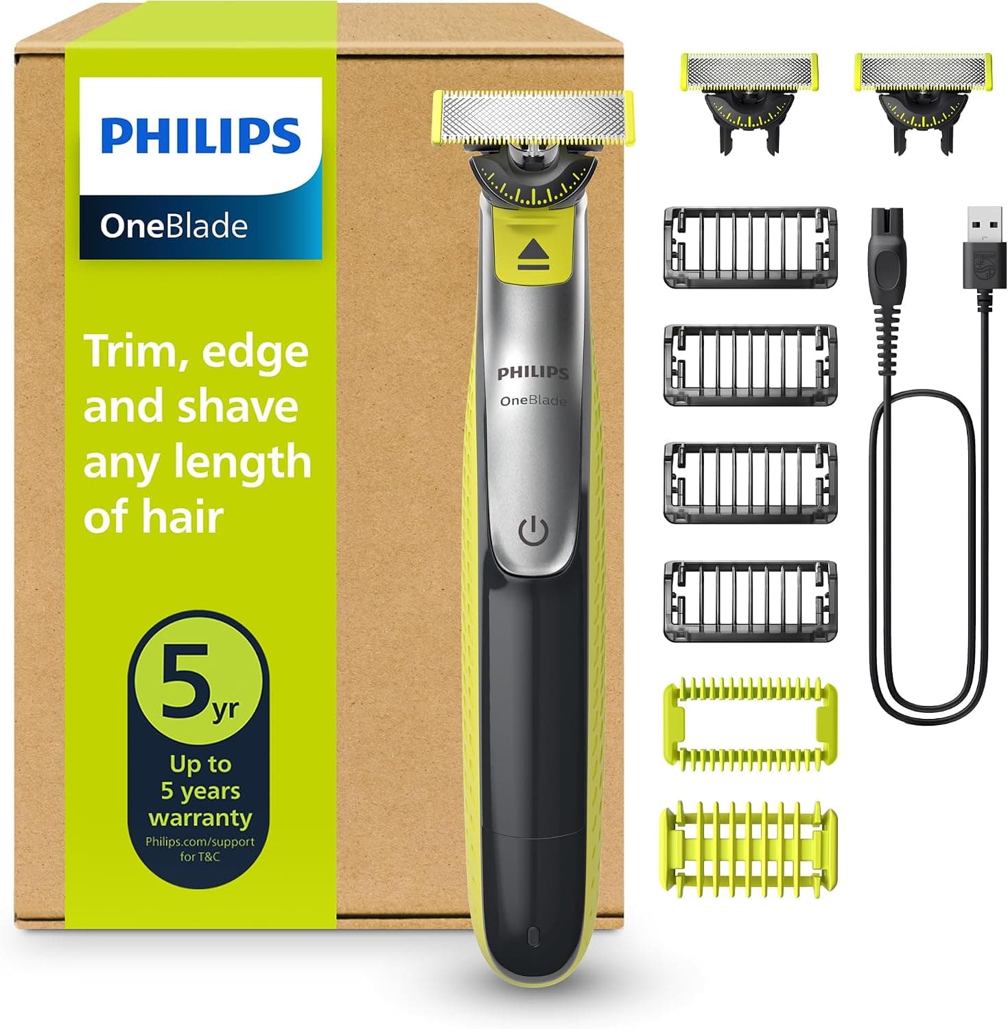 Philips OneBlade 360 con lame extra, pettini e cavo USB accanto alla confezione