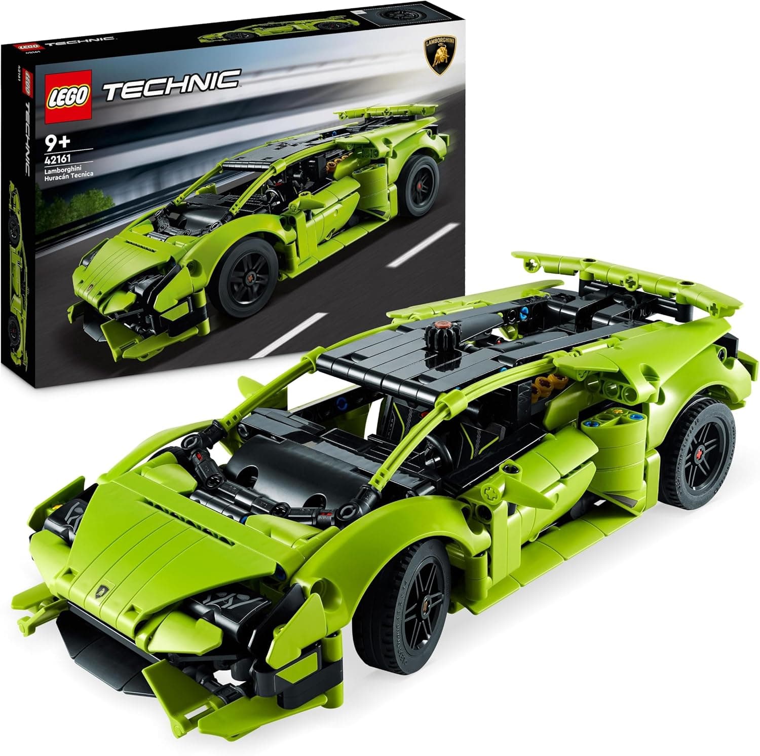 Confezione e modellino verde LEGO Technic 42161 Lamborghini Huracán Tecnica